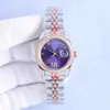 Women's watch purple round dial 36mm diamond time mark magnifying calendar waterproof scratch resistant blue crystal folding clasp 299G