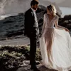 Seksowna iluzja boho suknia ślubna A-line rękawy w dekolcie w szpic Suknie ślubne Backless Beach Suknie ślubne