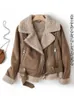 Damenjacken Ailegogo Frauen Winter Faux Shearling Sheepell gefälschte Leder Lady Dicke warme Wildleder Lämmer Kurzmotorrad Braune Schichten 221128