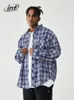 男性のカジュアルシャツインフレーションブラシをかけたチェックメンズブルー格子縞の長袖特大の男性プラスサイズ221128
