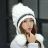 Berets Autumn Winter Women Knitted Hat Outdoor Warm Earflap Faux Fur Ball Beanie Ear Protection Windproof Cap Girl Ski Hats