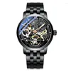 ساعة معصم Ailang أزياء Tourbillon Hollow Wathproof Watch Men Black Full Steel Full Luminous Steampunk Skeleton Watches for Mens