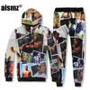 Herrespår aismz mode Autumn Winter Casual Mens Tracksuit Set 3D Print Hip Hop Hooded Sweatshirt Pants 2 Piece Set Moletom Masculi