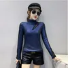 Women's T Shirts #8969 Black Red Green Blue Turtleneck Shirt Women Sexy Spliced Mesh Hollow Out Shiny Surface Women's T-shirt Long