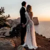 Sexy Illusion Boho Wedding Dress A-Line V-Neck Sleeves Wedding Dresses Backless Beach Bridal Gowns Sequined Beading Beach