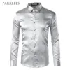 Men S Casual Shirts Silk Satin Smooth Solid Tuxedo Business Chemise Homme Slim Fit Shiny Gold Wedding Jurk 221128