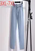 Women039s Pantalones de tamaño grande Pantalones de otoño para mujeres Pocket de algodón suelto azul Denim recto Long 3xl 4xl 5xl 6xl 7xlw