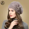 Basker fs kvinnor stickade ull hattar vinterblommor varma kvinnliga mössor mössor kanin päls hatt gorros motorhuv femme hiver 221129