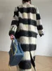 Women's Wool Blends UCXQ Vintage Black White Plaid Striped Woolen Coat Autumn Winter Notched Thickened Women Overcoat With Gold Button Belt 221129