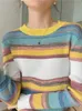 Kvinnors tröjor JMPRS Fashion Rainbow Stripes Women Sweater O Neck Random Slim Elastic Jumper Fall Korean Sticked Long Hleeves Female Tops J220915