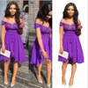 2023 Sexy Purple Bridesmaid Dresses A Line Chiffon Lace Appliques Peplum Backless Short Evening Dresses Prom Gowns Maid Of Honor Dress