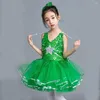 Stage Wear Girls Green Sequins Pettiskirt Princess Dancing Dress Show Salsa Cha Samba Tango Ballroom Latin For Kids Ballet Tutu