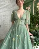 Vestidos de fiesta Sevintage bordado verde encaje prom mangas abullonadas una línea vestidos de novia largos vestido de noche de tul con espalda abierta 221128
