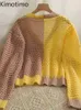 Blusas femininas kimotimo contraste color costura hollow knit cardigan feminino de verão de manga longa design de bolso fino suéter coreano chic top solto j220915