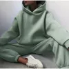 Hoodies للنساء من قطعتين من قطعتين مجموعة من النساء لليئة الشتاء الصواف الصلبة طويلة الأكمام طويلة السراويل الركض دعاوى الإناث الأزياء غير الرسمية للملابس الرياضية الفضفاضة 221129