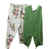 Kadınlar İki Parçalı Pantolon 2 PC/Set Kadın Üstleri Set Düz Renk Derin V Boyun Boyun Sıradan Kolsuz Çiçek Desen Bluz Pantolon