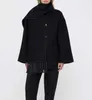Wollmischungen für Damen 2023 Damen-Übergroßer Mantel aus schwarzer Mischung, Paspeln bestickt mit Schal, lockere Jacke vorne, große Taschen, lange, weite Ärmel 221129
