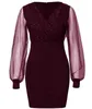 Dresses Women Mesh V-neck Sequin Slim Sexy Black Long Sleeve Dress Special Occasions Bodycon Party Evening Skirt for Woman