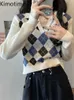 Women's Sweaters Kimotimo Argyle Sweaters Women Autumn Turn Down Collar Contrast Color Y2k Sweater American Retro Long Sleeve Cropped Sweater J220915