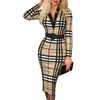 Spring 2022 Casual Dresses New Digital Print Plaid Long-sleeve V-neck High-waist Dress Send Belt