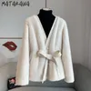 Wo Matakawa Autumn Winter Clothes Women Mink Cashmere Bandage Solid Vintage Thick Coats Korean V Neck Sweet Chaqueta Mujer 221129