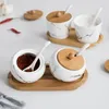 Storage Bottles Japanese Creative Marbled Ceramic Seasoning Jar Set Kitchen Box Wooden Tray Wood Cover Oil Salt Can Bottle C