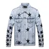 Nieuwe modeontwerper denim bikerjack heren lederen patches applique stretch slim fit jeanskleding