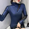 Women's T Shirts #8969 Black Red Green Blue Turtleneck Shirt Women Sexy Spliced Mesh Hollow Out Shiny Surface Women's T-shirt Long