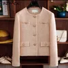 WO French Light Luxury Pink Tweed Women's Fall and Winter White elegancki metalowy guzik o nokół cekin Black Blazer 221129