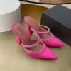 Luxe dames slipper sandalen merk schoenen zon buckle crystal satijnen leer met juweel buckle dames puntige tenen shoess