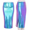 Skirts Women Shiny Metallic Skirt Slim Long Holographic Gothic High Waist Side Split Midi Pencil Bodycon For Night Clubwear