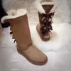 2021 med Box Designer Women Australia Australian Boots Winter Snow Fur Fury Satin Boot Ankle Booties läder kvinnor utomhus bowtie uggitys