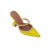 Luxe dames slipper sandalen merk schoenen zon buckle crystal satijnen leer met juweel buckle dames puntige tenen shoess