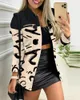 Wo Herbst Langarm Reißverschluss Mode Druck Revers Jacke Winter Temperament und elegante Dame Strickjacke Nähte Farbe Top