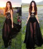 Новейшие черные платья с кружевными платьями с черным аппликацией Corset Fitted Chefon See Then Evening Party Plating Sexy Formal Abendkleider4017702
