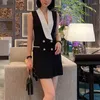 Casual Dresses HIGH STREET 2022 Est Designer Women's Elegant Sleeveless Lion Buttons Double Breasted Color Block Notched Collar Mini