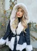 Women s Fur Faux EE1492 PU Leather Short Jackets Fashion Tie Belt Waist Coats Elegant Hooded Female Lined Ladies 221128