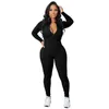 Frauen Overalls Neue Designer Stricken Rippe Bodycon Fitness Overall Sportswear Langarm Zipper Körper Stickerei Strampler 7 Farben