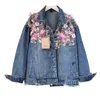 Kvinnorjackor 2022 Autumn Denim Jacket Heavy Industry Sequins Beading Flower Sweet Short Coat Women's Loose Casual Jeana