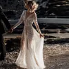 Sexy Illusion Boho Wedding Dress A-Line V-Neck Sleeves Wedding Dresses Backless Beach Bridal Gowns Sequined Beading Beach