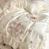 Bettwäsche-Sets 1400TC Ägyptische Baumwolle Blumen Stickerei Luxus Prinzessin Hochzeit Set Spitze Rand Bettbezug Bettlaken Kissenbezüge 221129