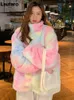 Kobiety FUR FUAX Lautaro Winter Zip Up Kolny tęczowy płaszcz Kobiety Ogromne ciepłe miękkie kawaii puszystą kurtkę Dye Koreańska moda 221128