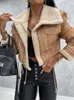 Wo hirigin Women Winter Faux Leather Long Sleeve Lapel Fleece Linen Coat Zip Up Motorcycle Warm Sherpa Outwear 221129