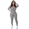 Frauen Overalls Neue Designer Stricken Rippe Bodycon Fitness Overall Sportswear Langarm Zipper Körper Stickerei Strampler 7 Farben