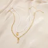 Pendant Necklaces WeSparking EMO Multi Layer Pearl Beads Paper Clip Chain Gold Plated Stainless Steel Lock Key Fashion Jewelry