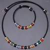 Halskette Ohrringe Set Runde Steinperlen Schwarze Kordel Draht Armband Schmuck 16 Farben GS050