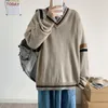 Men's Sweaters V-neck Spliced Pullover Men Autumn Vintage Knitted Clothing Loose Student Harajuku BF College Japanese Jumper Homme Top 221130