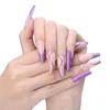 False unhas 2022 estilo de caixão extra longa de vórtice de vórtice balé falsa French Violet Mix Glitter Blitter Nail