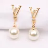 18K Gold Plated Brand Designer V Letters Stud Luxury Crystal Geometric Women Rhinestone Pearl Long Earring Wedding Party Jewerlry Accessories