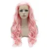 Perruque Lace Front Wig synthétique rose longue, cheveux en fibres résistantes à la chaleur